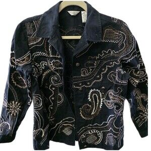 LAURA ASHLEY Petite Denim Jean Jacket Black Sequined Embroidered Size Medium Pet